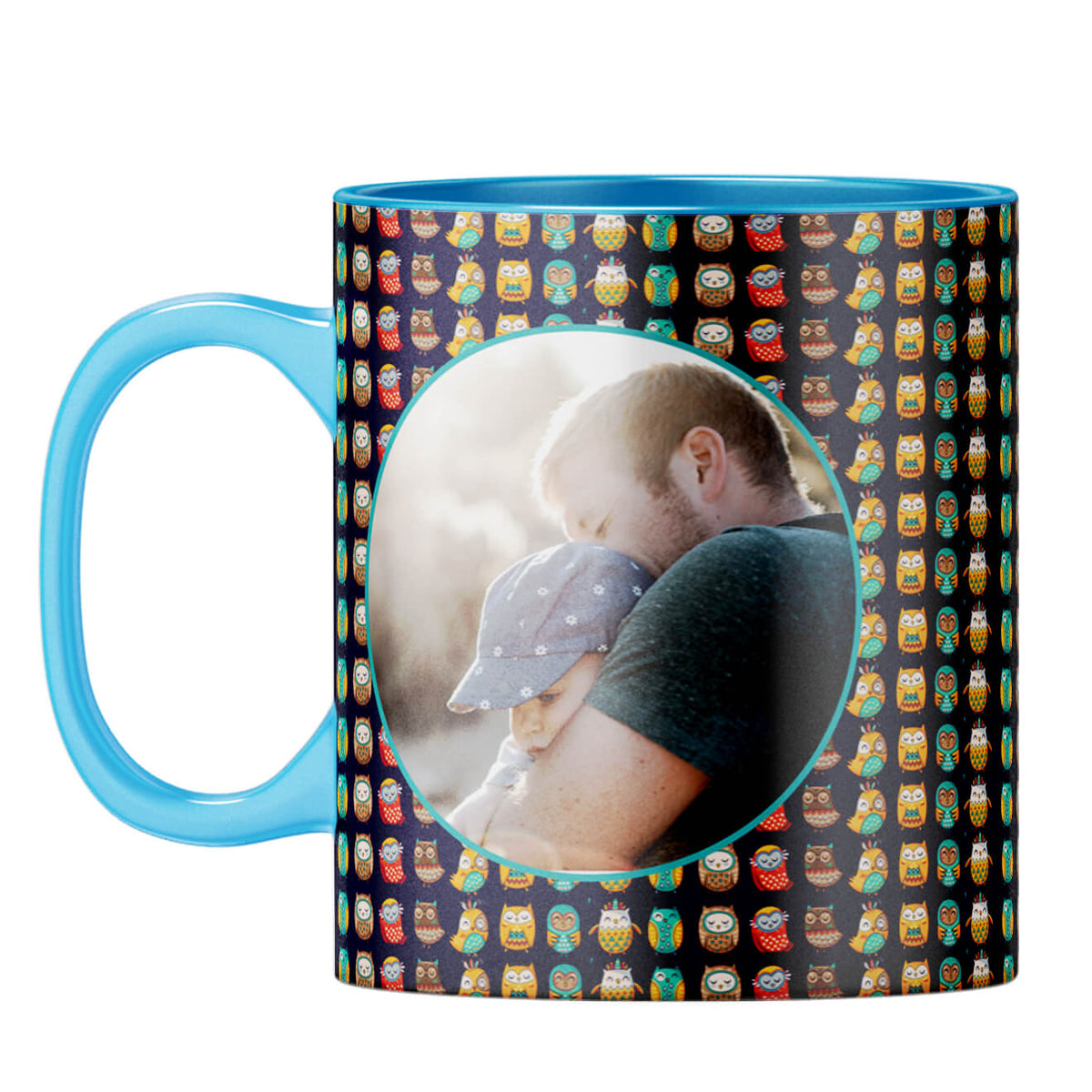 Owly Pattern Photo Coffee Mug Light Blue