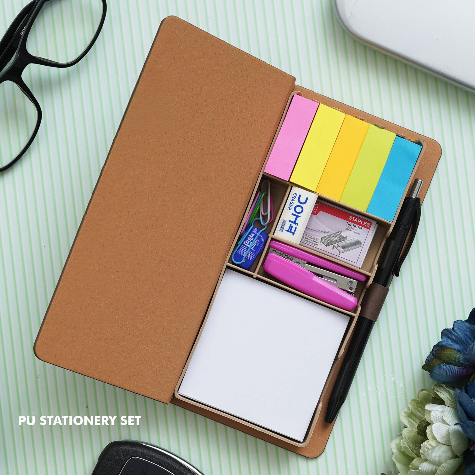Elevate your workspace with our personalized brown PU stationery set. Customize with names or initials. Perfect for personal use or as a thoughtful gift.