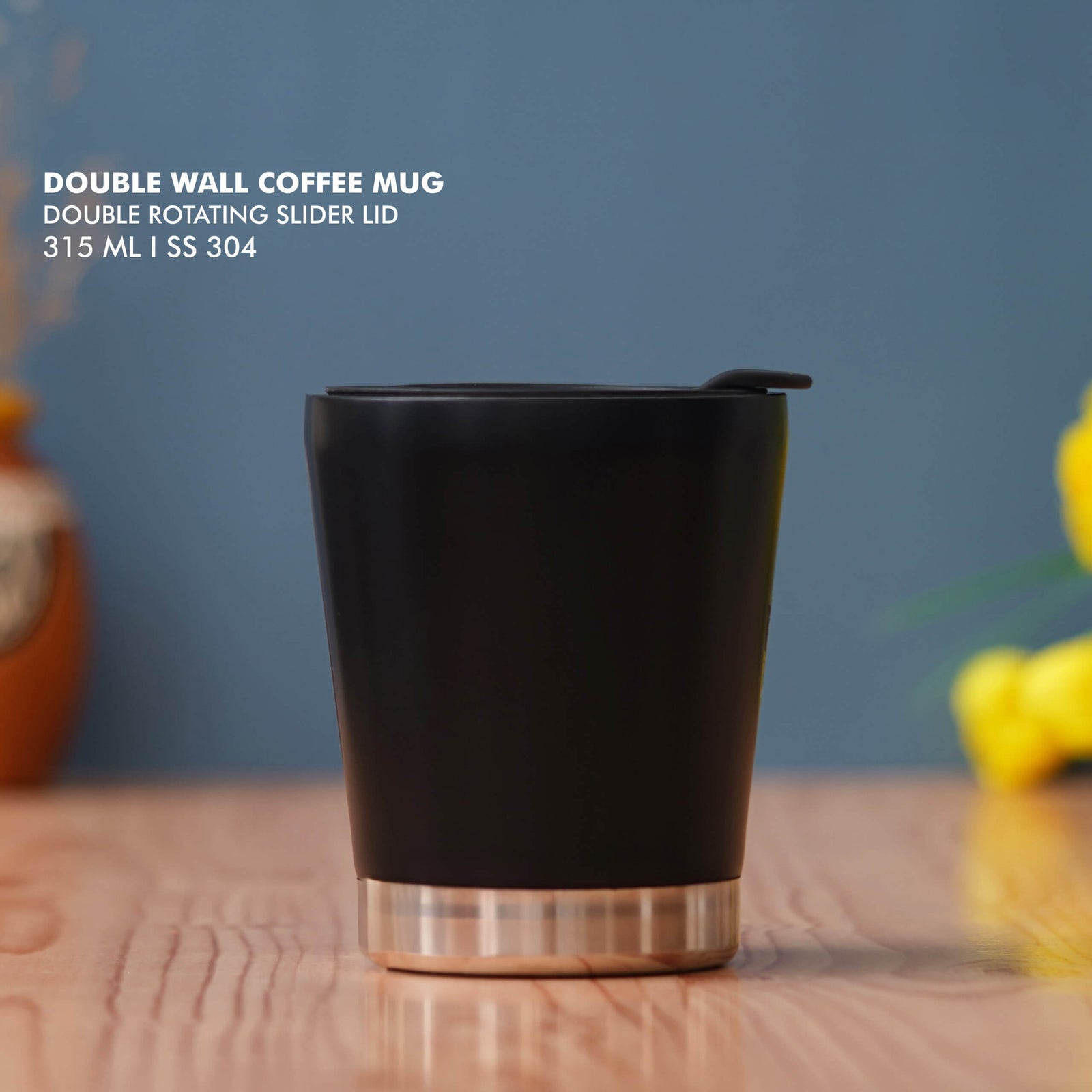 Sleek Black Stainless Steel Mug with Double Rotating Slider Lid - Perfect for Daily Use