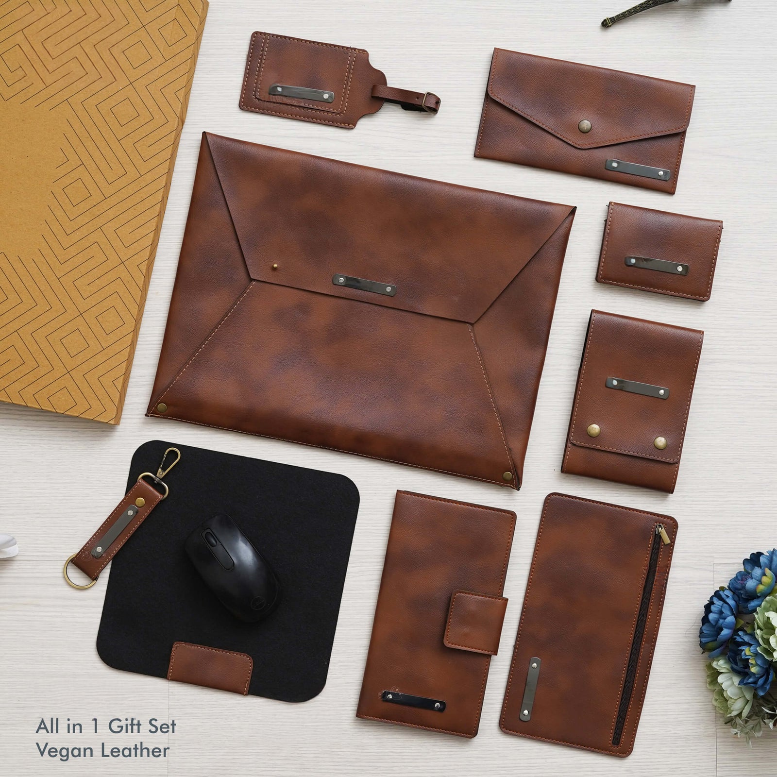 Sophisticated Tan Vegan Leather Office Gift Set - Elevate Your Workspace