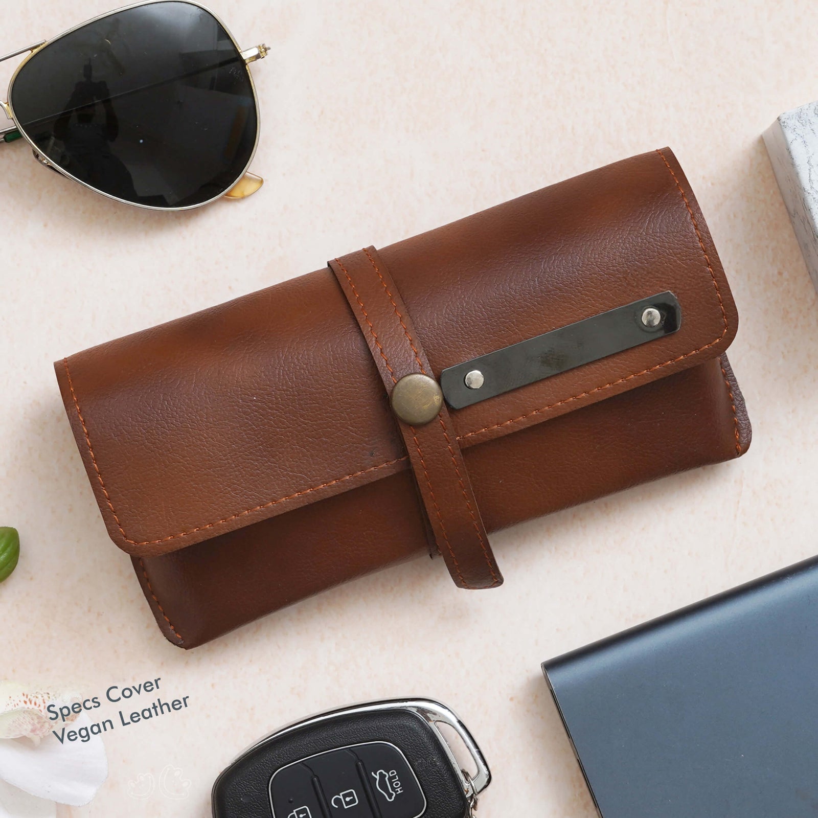Sophisticated Tan Vegan Leather Specs Cover - Stylish Eyewear Protection