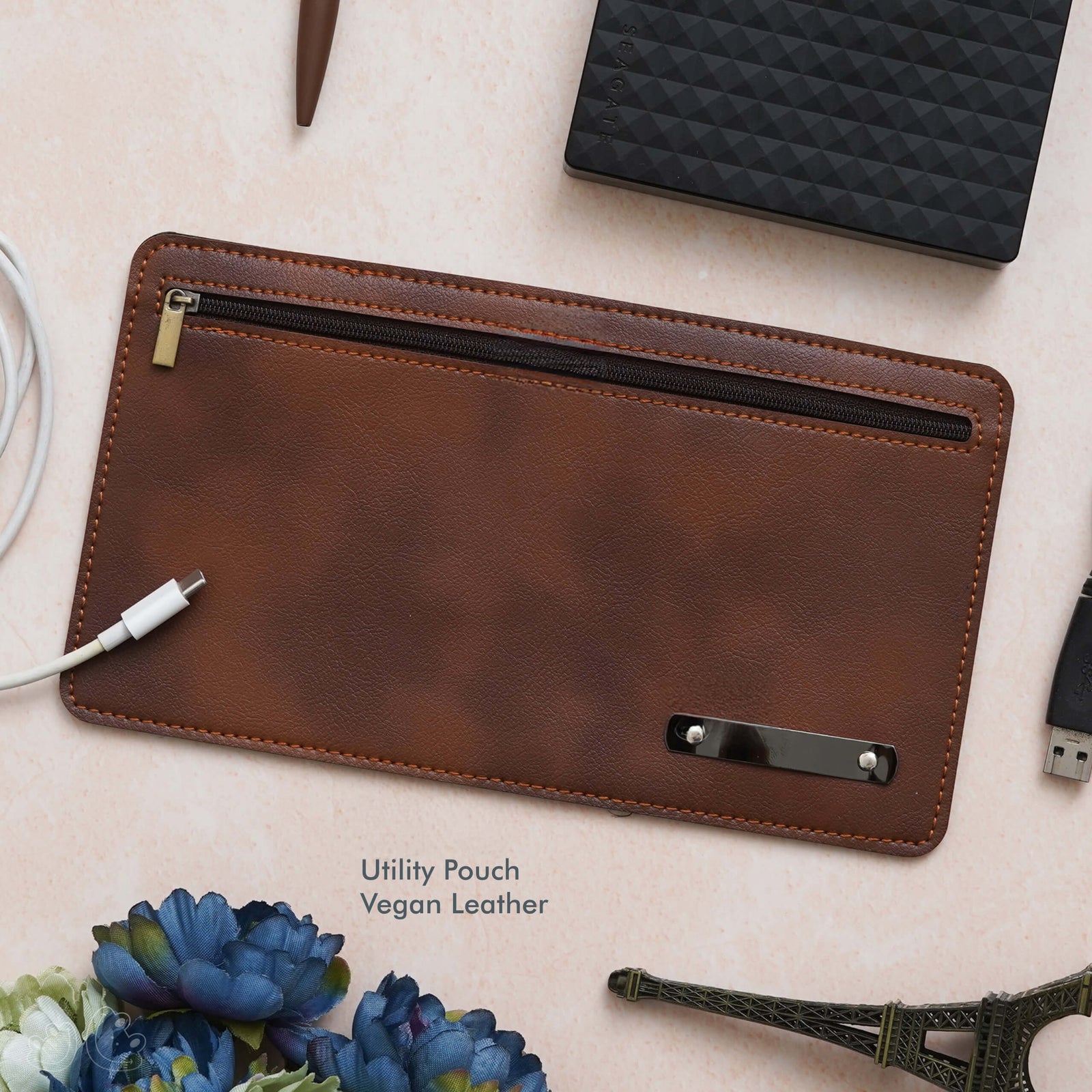 Stylish Tan Vegan Leather Utility Pouch - Trendy & Functional