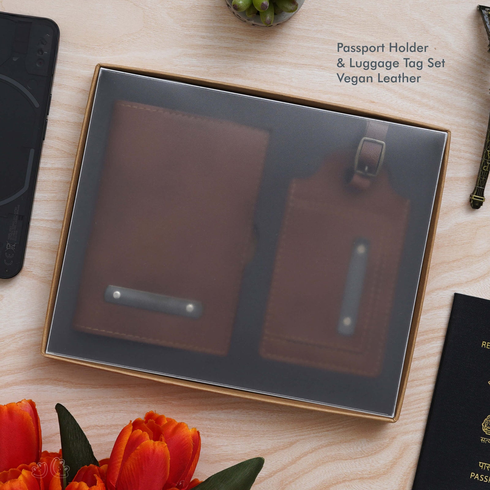 Tan Vegan Leather Passport Holder & Luggage Tag Set - Travel in Style