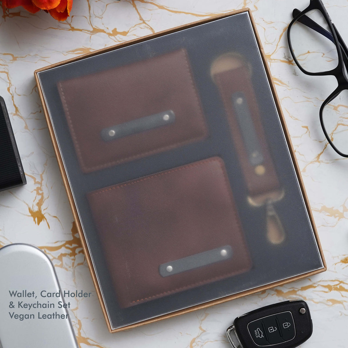 Tan Vegan Leather Wallet, Card Holder &amp; Key Chain Set - Stylish Organization