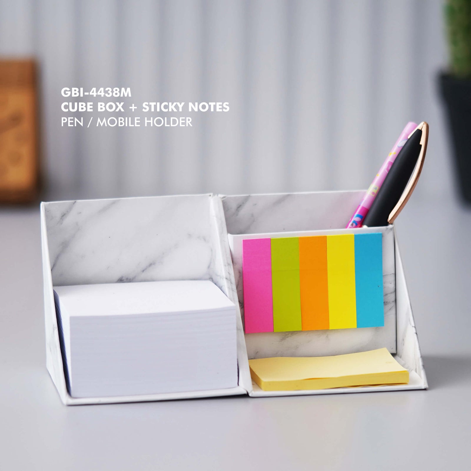 White Cube Box with Paper Note Slips, Sticky Notes, and Pen/Mobile Holder - Keep Your Workspace Organized