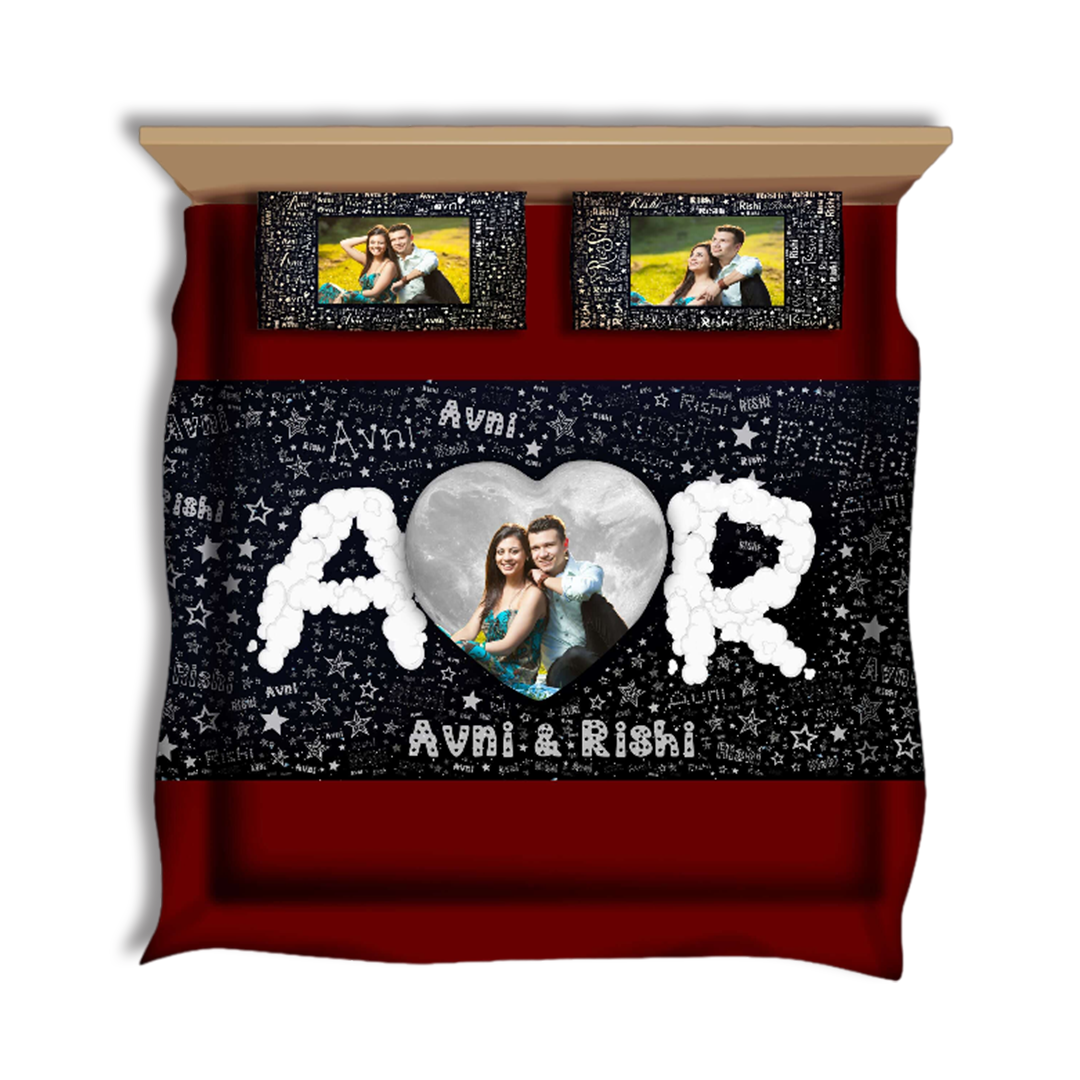 Moon & Stars with Name Mosaic Printed Bed Sheet with 2 Printed Pillow Zip Covers