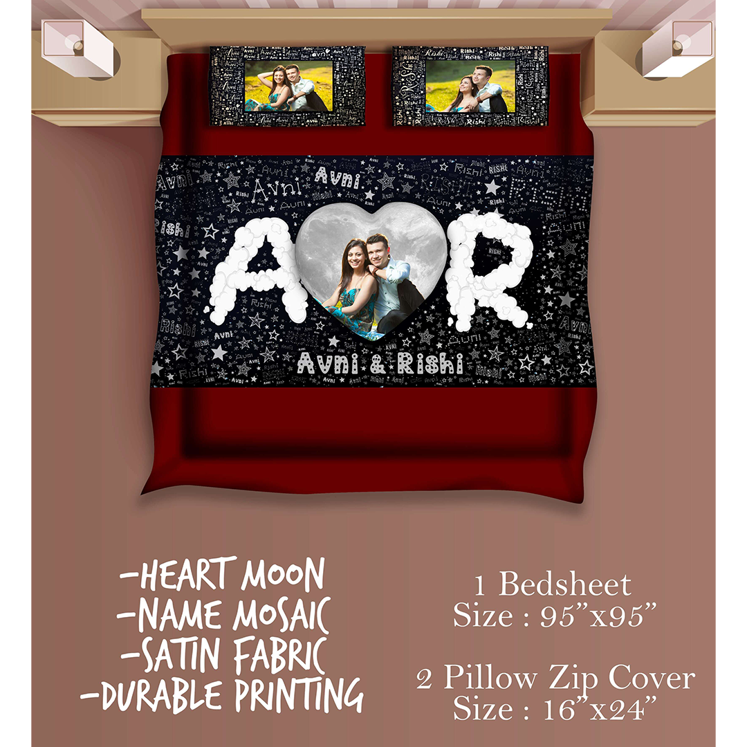 Moon & Stars with Name Mosaic Printed Bed Sheet with 2 Printed Pillow Zip Covers