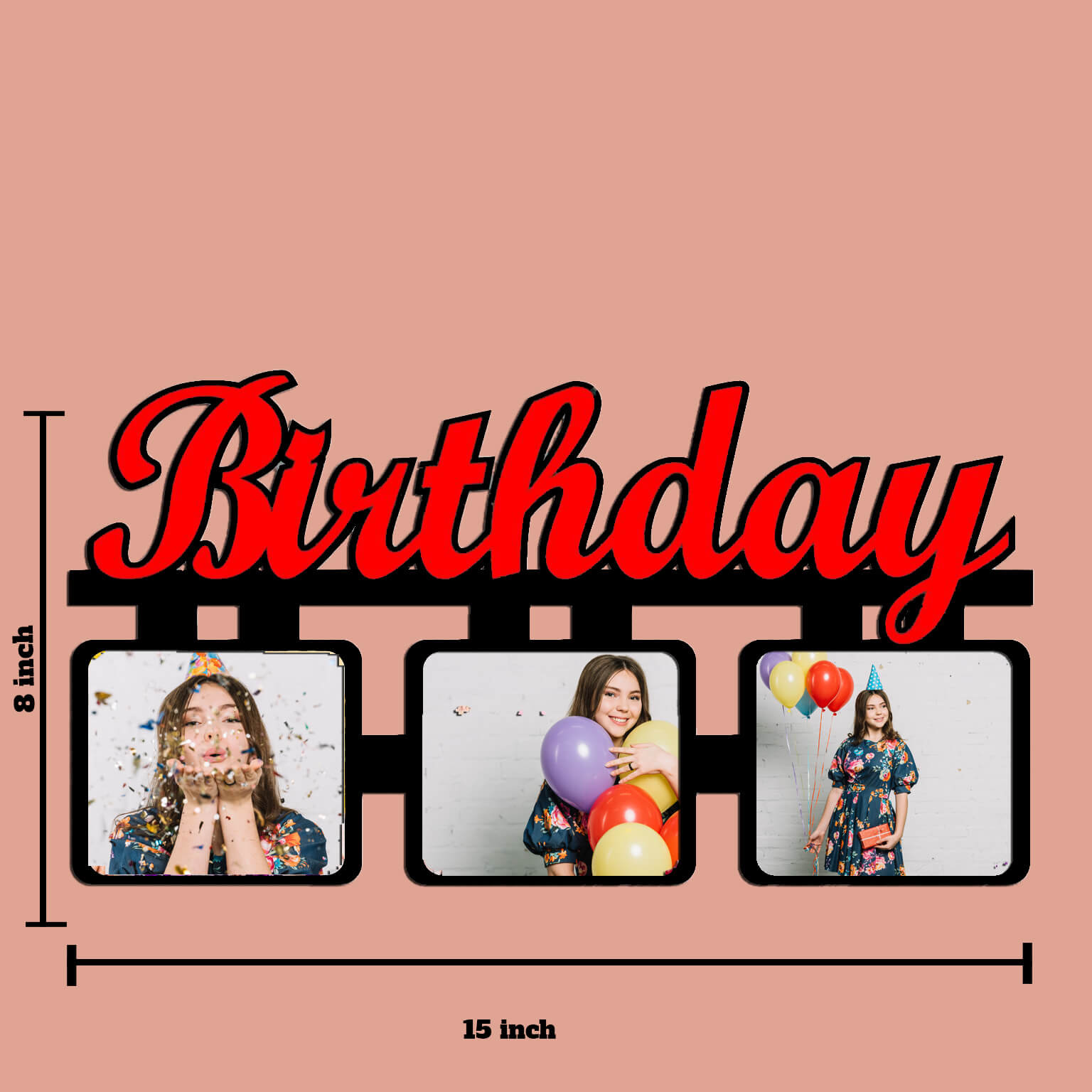 Laser Cut Photo Frame Birthday with Three Photos - MDF Wood Wall Hanging, 15x8 Inches