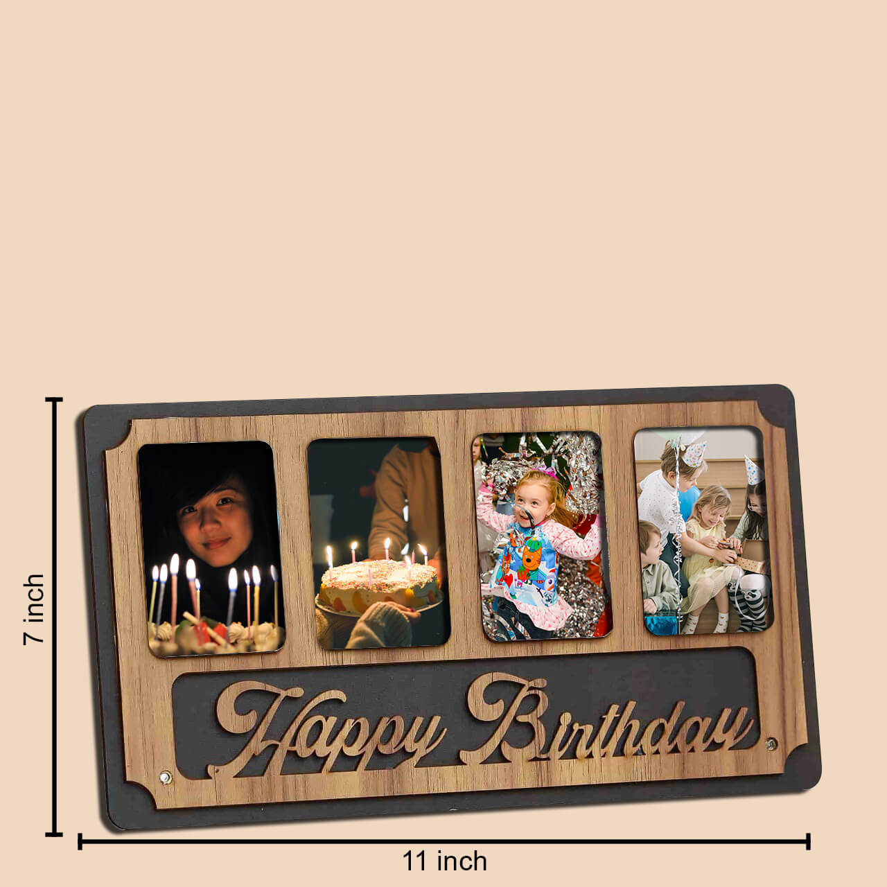 Laser Cut Happy Birthday Table Photo Frame with Four Photos, MDF Wood, 18x18 Inches