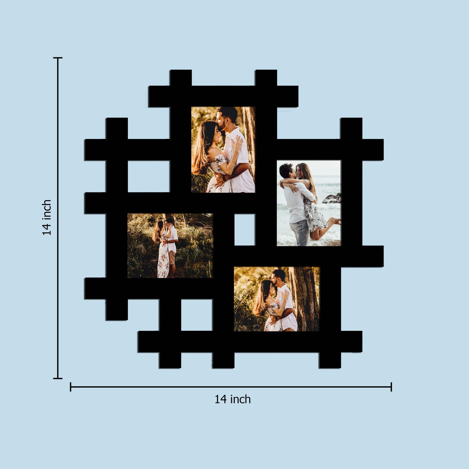 Laser Cut Photo Frame with Four Photos - MDF Wood Wall Hanging, 14x14 Inches