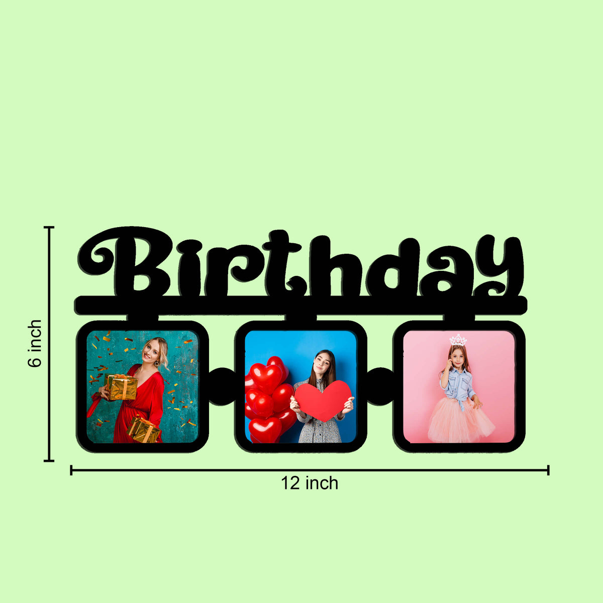 Laser Cut Photo Frame Birthday Photos with Three Photos - MDF Wood Wall Hanging, 12 x 6 Inches