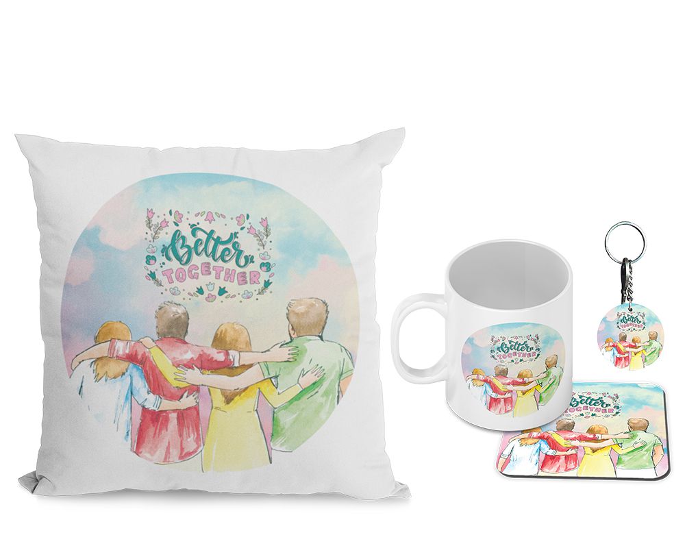 Better Together Cushion, Coffee Mug with Coaster and Keychain
