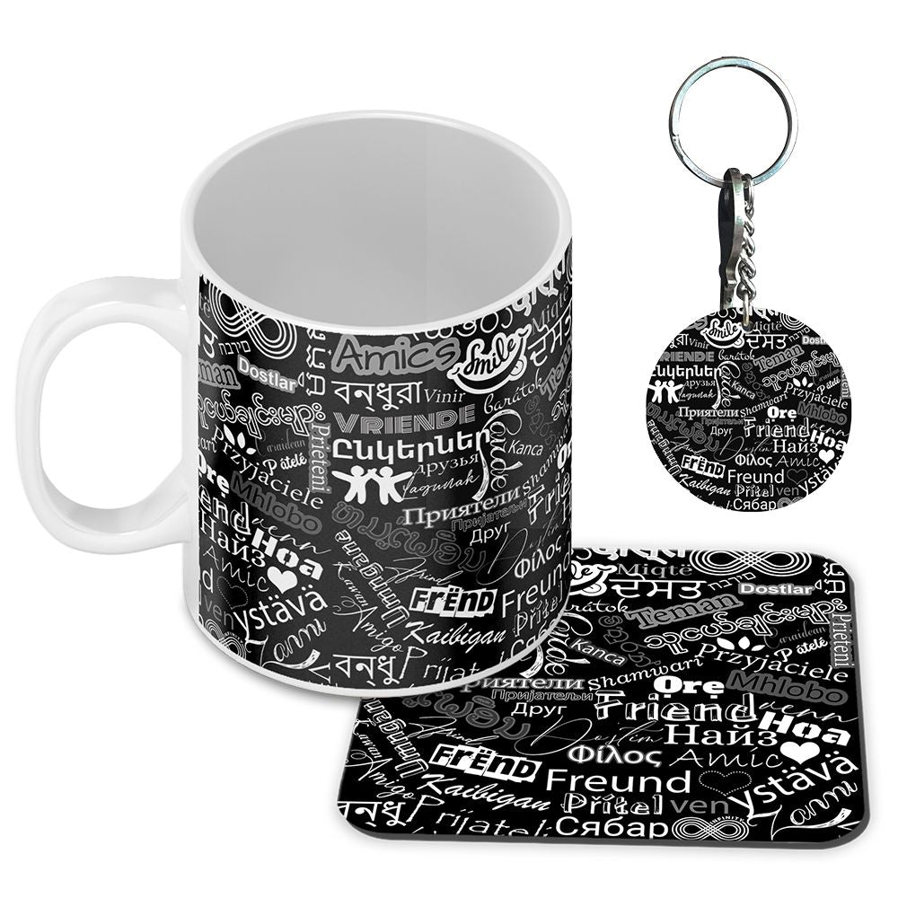 Friend in All Languages Coffee Mug with Coaster and Keychain