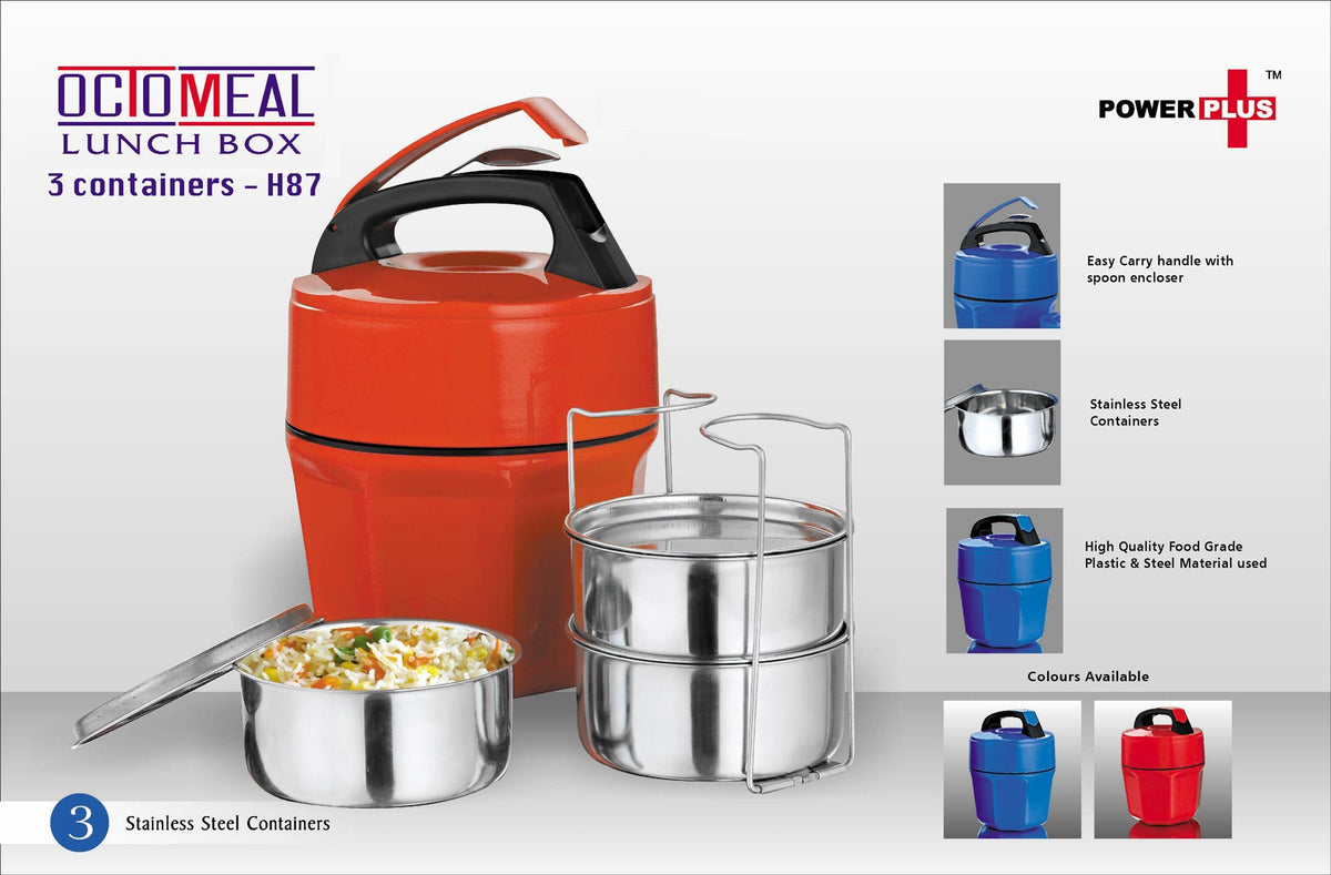 Octomeal Lunch Box - 3 Containers Steel, Available in Red and Blue