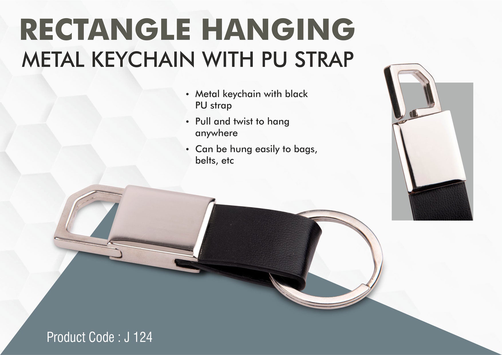 Rectangle Hanging Metal Keychain with PU Strap