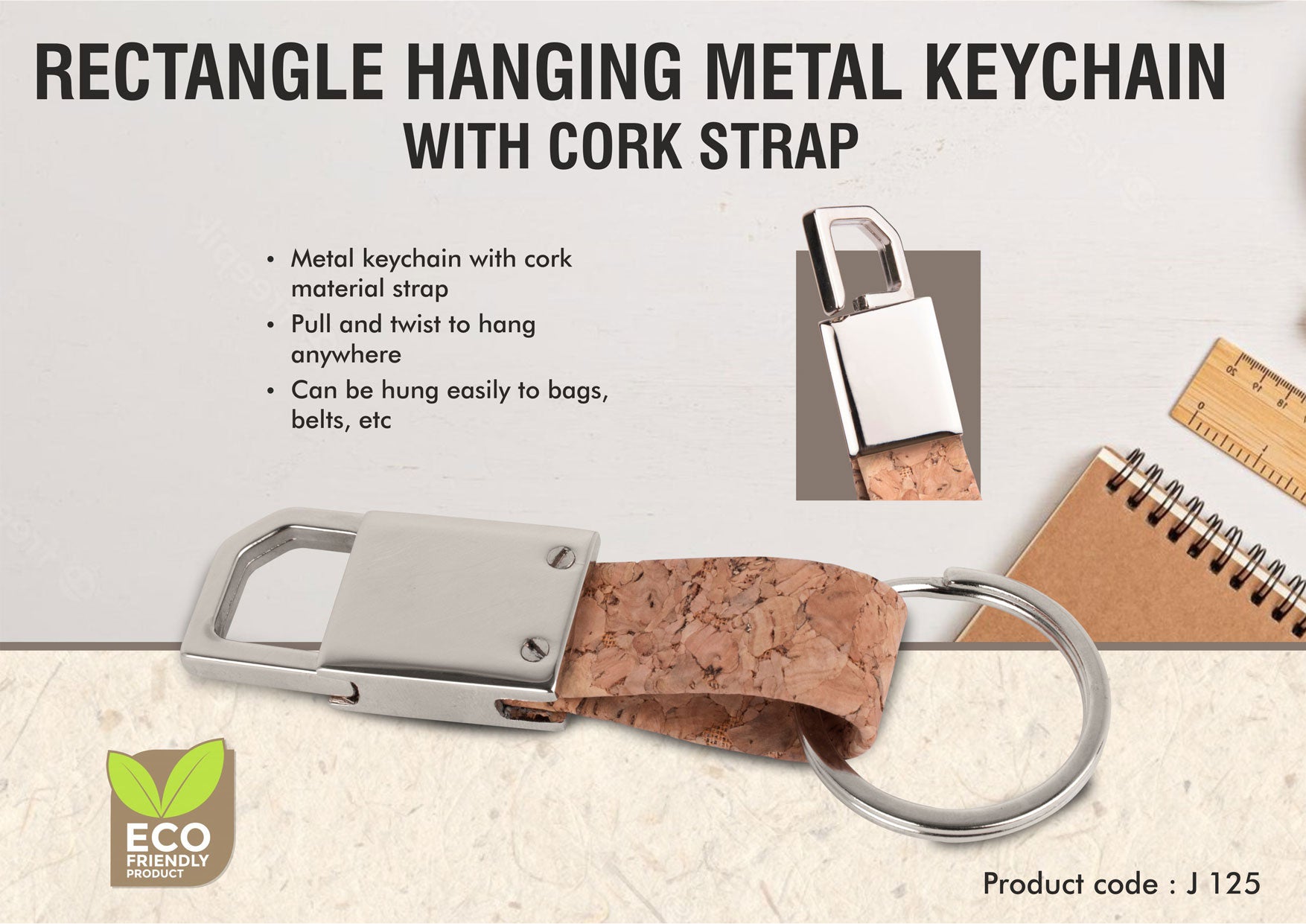 Rectangle Hanging Metal Keychain with Cork Strap