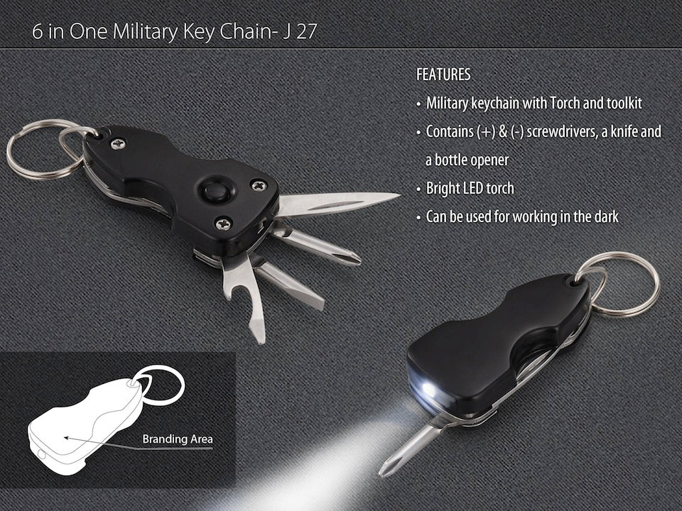 6 in 1 Military Keychain with Toolkit and Torch