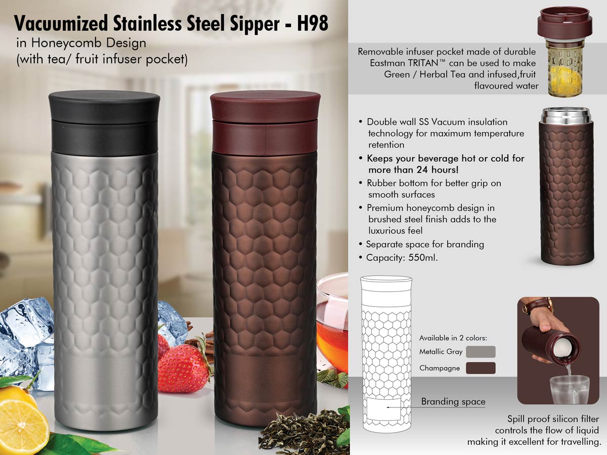 Vacuumized Honeycomb Tea/Fruit Infuser Sipper in Stainless Steel, 550 ml