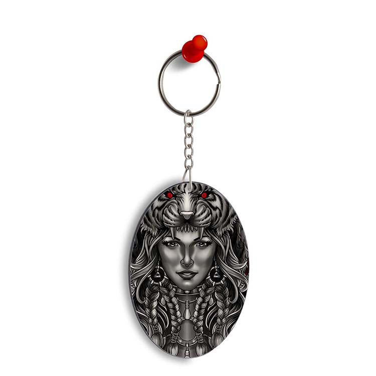 Charming Lady with Tiger Oval Key Chain