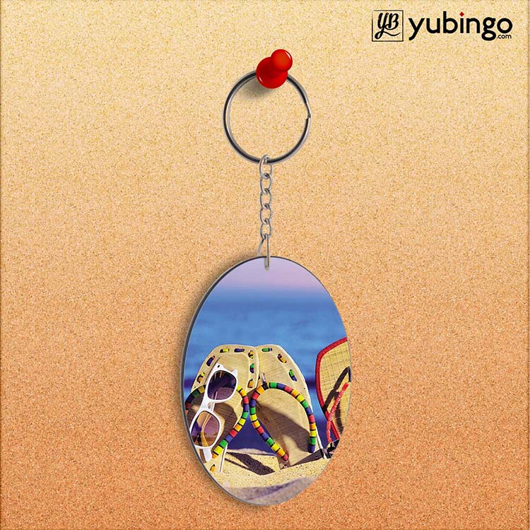 Cute Flip Flops On Beach Oval Key Chain