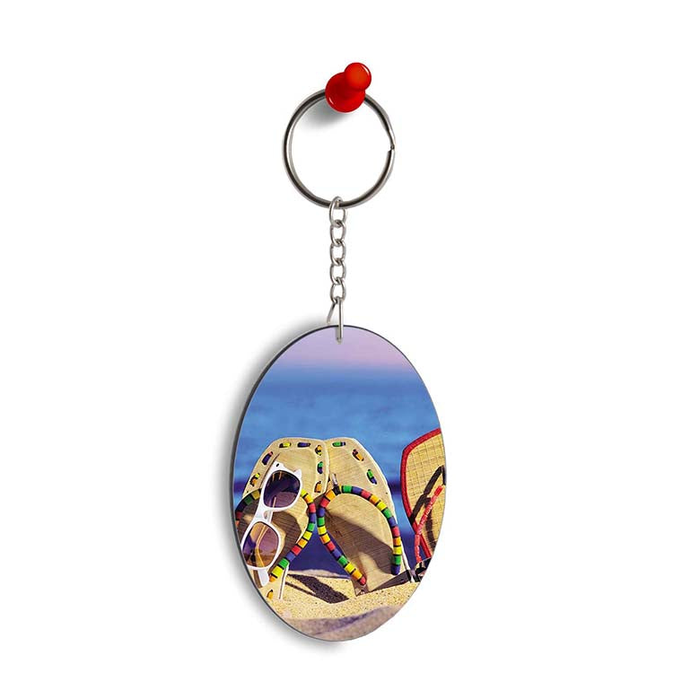 Cute Flip Flops On Beach Oval Key Chain