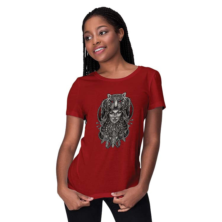 Charming Lady with Tiger Women T-Shirt-Maroon