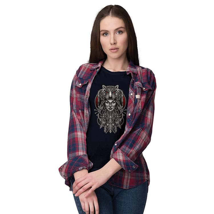 Charming Lady with Tiger Women T-Shirt-Maroon