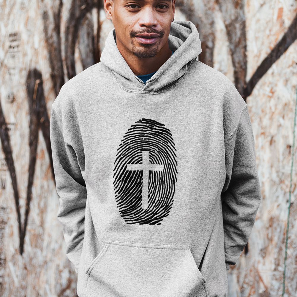 Cross on Finger Print Hoodie-Grey
