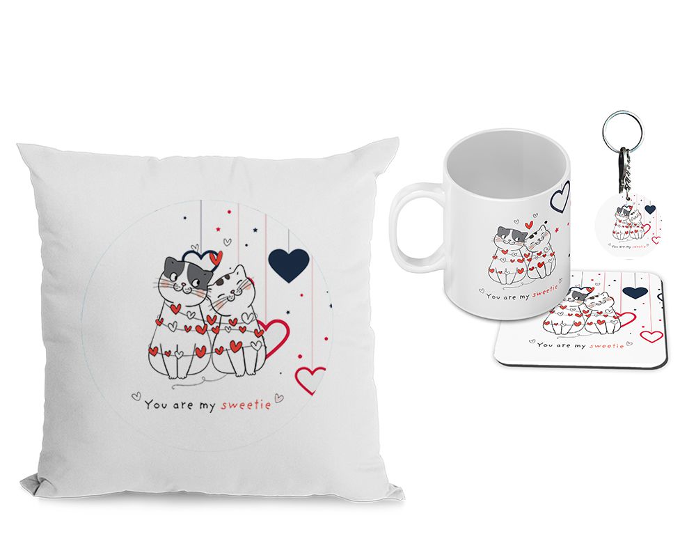 Hugs and Kisses Cushion, Coffee Mug with Coaster and Keychain