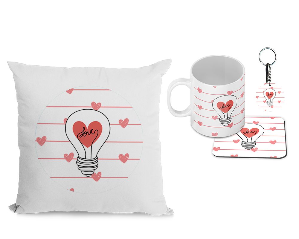 Idea of Love Cushion, Coffee Mug with Coaster and Keychain