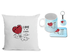 Love is all around Cushion, Coffee Mug with Coaster and Keychain