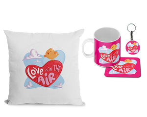 Love is in the air Cushion, Coffee Mug with Coaster and Keychain