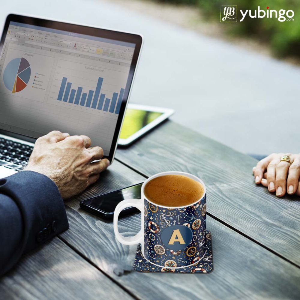 Nautical Blue Customised Alphabet Coffee Mug With Coaster-Image2