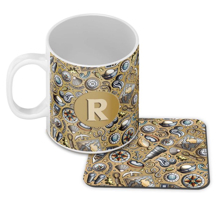 Nautical Brown Customised Alphabet Coffee Mug With Coaster