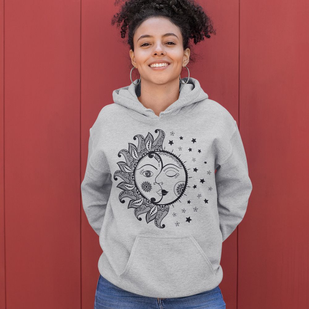 Sun or Moon Face Hoodie-Grey
