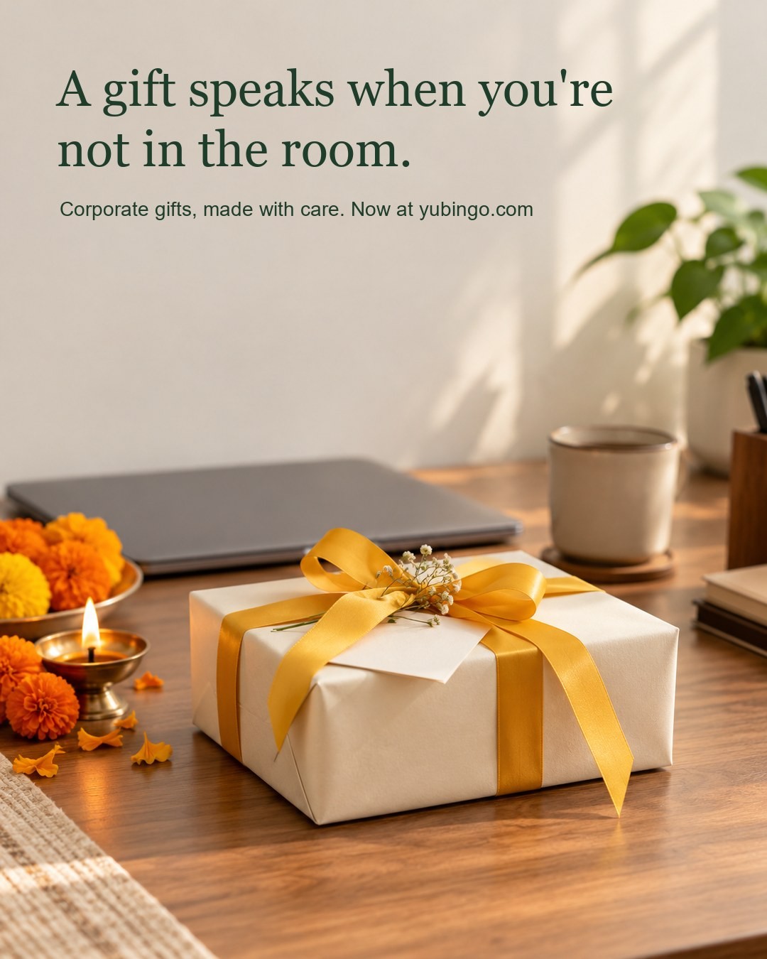 A gift box in ivory paper with a marigold ribbon and a handwritten card on an office desk, beside a lit diya and marigold flowers. Text: A gift speaks when you're not in the room.